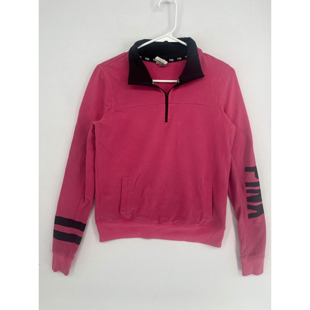 PINK Victoria's Secret Quarter Zip Pullover Sweatshirt Pink Black Graphic XS